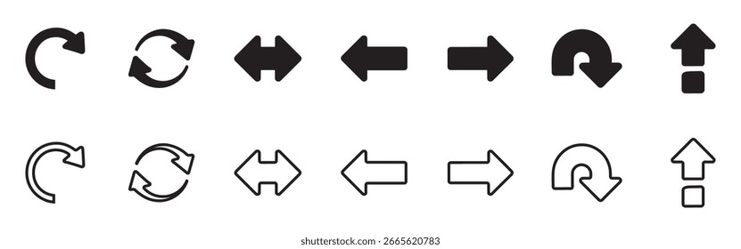 Assorted Arrow Icons Displaying Directional and Rotational Movements Featuring Solid and Outline Styles for Diverse User Interface Applications