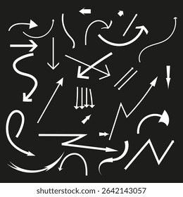 Assorted arrows icons. Direction indicator symbols. Dynamic movement shapes. Pointer vector collection.