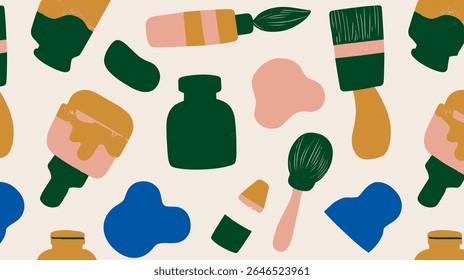 Assorted art supplies scatter across clean creative workspace backdrop painting design