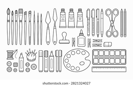 Assorted artist studio supplies and creative art tools in flat line style with supplies painting creative stationery scissors equipment workplace education collection monochrome.