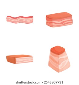 Surtido de ilustraciones de tiras de tocino en formato de Vector. Con una colección de cocido y crudo. Crujiente. Fumado. Salado. Rosa. Rojo. Y trozos de carne blanca. Perfecto para el menú. Paquete