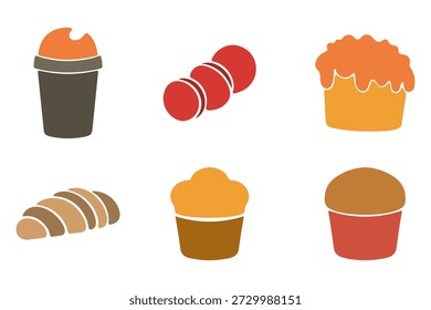 Variedad de productos horneados e iconos de bebidas