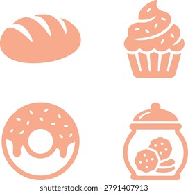 Assorted baked goods including bread, cupcake, donut, and cookie jar on a light background