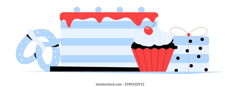 Assorted Baked Goods Including Cake, Cupcake, And Pretzel In Flat Vector Illustration Symbolizing Pastry, Dessert, And Sweet Treats, Isolated On White Background.