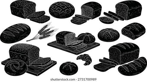 Colección de panadería surtida con siluetas negras dibujadas a mano de panes, tallos de trigo y croissant para el diseño del menú de la panadería