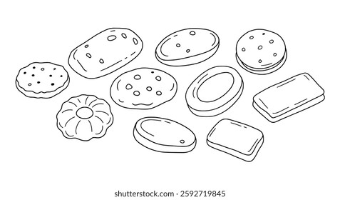 Assorted Bakery Goods – Hand-Drawn Cookies, Pastries, and Sweets Illustration for Cafes and Packaging