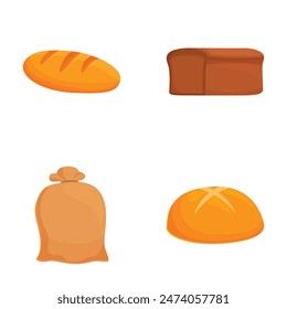 Surtido de iconos de la panadería establecidos con varios panes. Pan. Harina. Y Ilustraciones vectoriales de sombrero de panadero. Perfecto para los artículos alimenticios. Bollería. Y Elementos gráficos de productos horneados. Incluidos los hidratos de carbono. Y nutrición