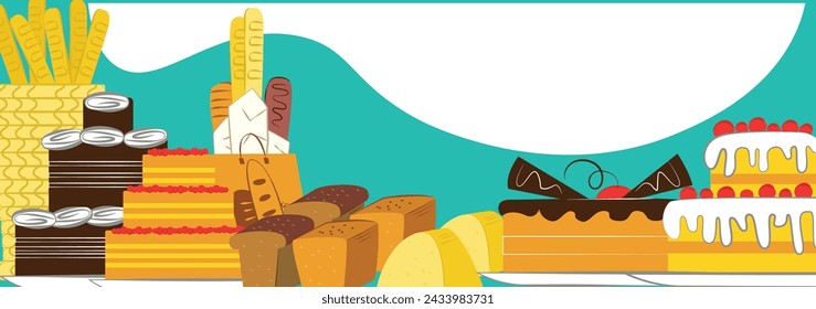 Assorted bakery items presented, vivid colors, bread loaves sweets cakes vibrant illustration. Assortment bakery goods, various types bread, cake slices, pastries, festive table. Cartoon products