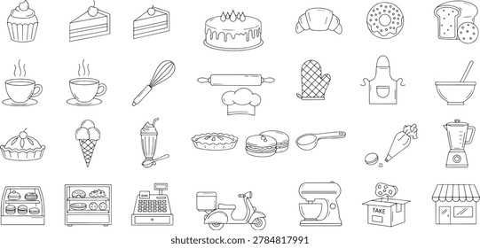 Assorted bakery and kitchen tools in black and white line cupcake cake croissant donut