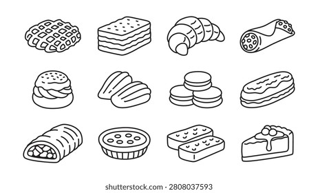 Assorted bakery treats outline icon design set for cafes, pastry, restaurant. Waffle, Croissant, Cannoli, Cream puff, Madeleine, Macaron, Choco loaf, Sandwich, Custard tart, Short bread, Cakes