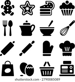 Assorted baking and cooking icons featuring utensils desserts and kitchen tools for culinary designs