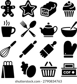 Assorted baking and cooking icons featuring utensils desserts and kitchen tools in a clean design style