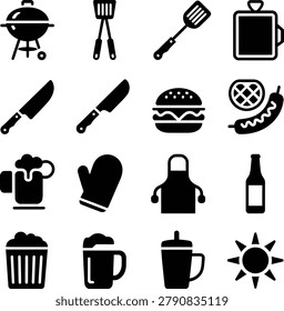 Assorted barbecue and cooking icons featuring grill utensils food and beverages perfect for summer picnic events