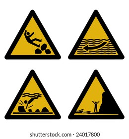 assorted beach hazard signs slippery rocks strong currents tides