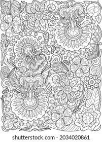 Assorted Beautiful Flowers Pattern Drawing Is Growing In The Garden Surrounded By Vines. Different Kind Of Pretty Plants Line Drawing Crawling On Ground Enclose Leaves.