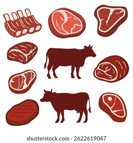 Assorted Beef Cuts and Cow Silhouettes for Butchery Display