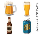Assorted beer drinks vector collection with foamy mug, tall pint, bottle, can, craft beer week, bar signage, tasting poster