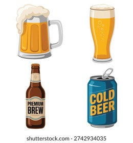 Assorted beer drinks vector collection with foamy mug, tall pint, bottle, can, craft beer week, bar signage, tasting poster