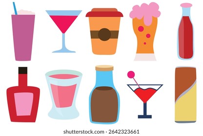 Ícones variados de bebidas e bebidas alcoólicas - café, suco, refrigerante, vinho e coquetéis Vetor Set