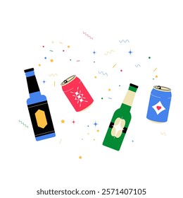 Assorted Beverage Bottles With Confetti In Flat Vector Illustration Symbolizing Party, Celebration, And Refreshments, Isolated On White Background