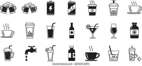 Sortierte Getränke-Icons-Kollektion in Schwarz-Weiß-Illustration