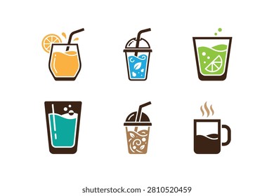 Assorted Beverage Icons With Straws On White Background