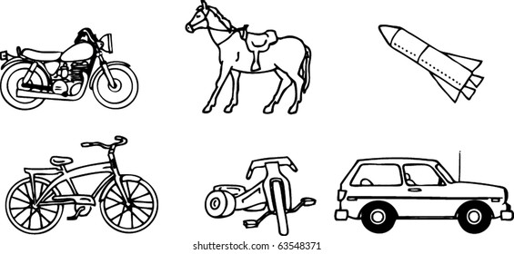 assorted bicycle moped motorcycle and skate board silhouettes vector