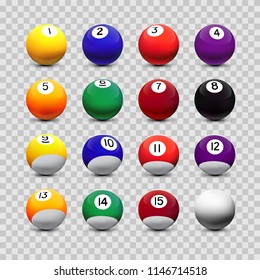 Assorted billiard balls isolated on transparent background. Vector design elements.