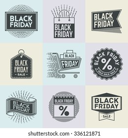 Assorted Black Friday Insignias Logotypes Template Set. Line Art Vector Elements.