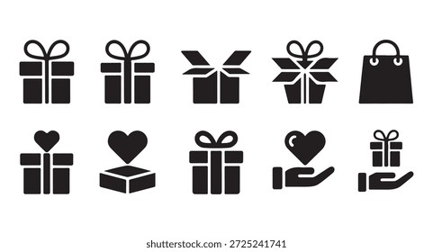 Assorted black glyph symbols featuring parcels and hands holding hearts. Ideal for postal and gift services.