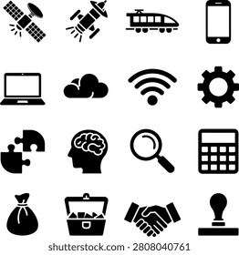 Assorted black icons representing technology business and problemsolving concepts in a clean design style