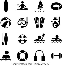 Assorted black icons showcasing various beach and water sports activities and equipment for summer fun