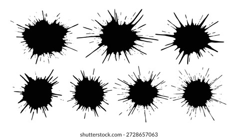 Assorted black ink splats and paint blobs with jagged edges provide a gritty and artistic element for various creative designs.