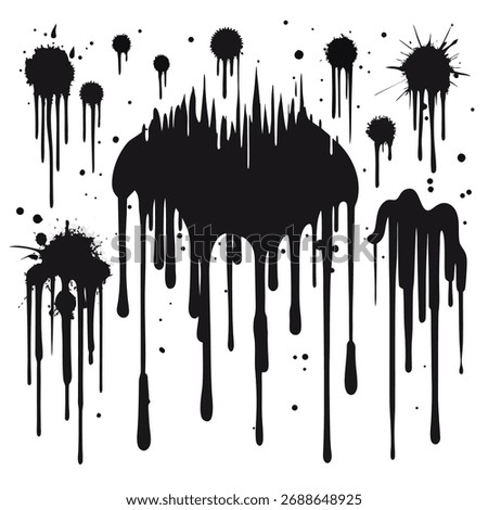Assorted Black Ink Splatters and Dripping Paint on White