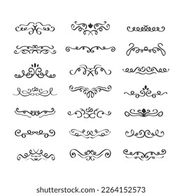 Assorted black line hand drawn swirl dividers design elements set on white background 