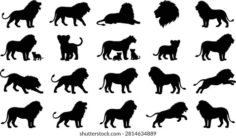 Assorted black lion silhouettes featuring different poses like walking, resting, and jumping isolated on a white background, for projects
