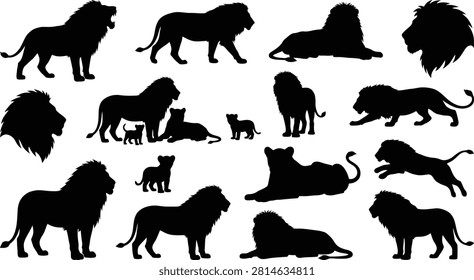 Assorted black lion silhouettes in various poses including roaring, walking, and resting isolated on a white background, for projects