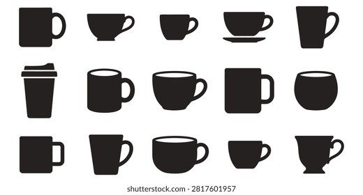 Assorted black outline icons of coffee cups mugs and drinkware
