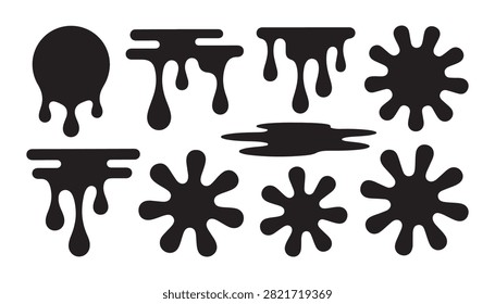 Assorted black paint blobs ink drops and dripping liquid silhouettes isolated on a transparent vector backdrop.