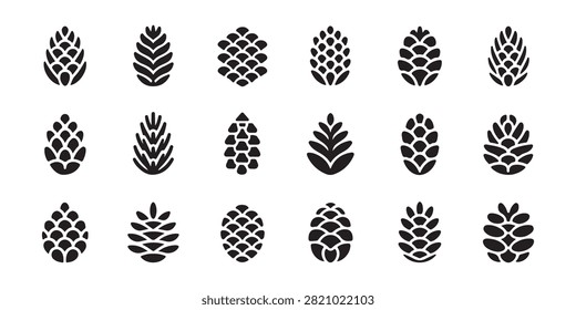 Assorted black pine cone icons representing woodland vegetation elements isolated on transparent background now.