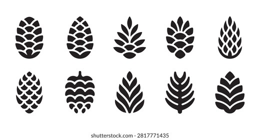 Assorted black pine cone symbols for seasonal winter decor and woodland themed vector artistic compositions.