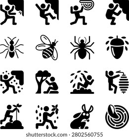 Assorted black silhouette icons depicting rock climbing insects nature and outdoor hazards activities and wildlife encounters