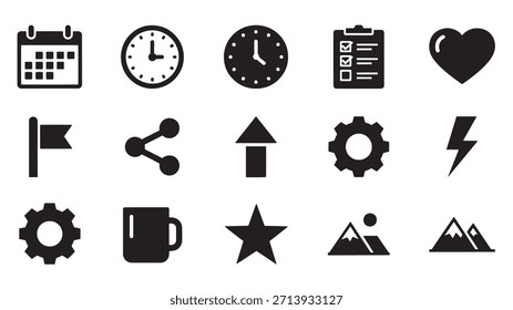 Iconos negros surtidos de la silueta que presentan el calendario, los relojes, la lista de verificación, el corazón, la bandera, Compartir, y más que representan diversos conceptos visualmente