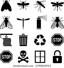 Assorted black silhouette icons featuring insects spray cans signs and symbols for various uses