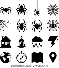 Assorted black silhouette icons featuring spiders webs houses candles and weather symbols for versatile graphic design projects
