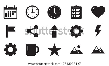 Assorted Black Silhouette Icons Featuring Calendar, Clocks, Checklist, Heart, Flag, Share, and More Depicting Diverse Concepts Visually