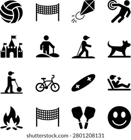 Assorted black silhouette icons showcasing various recreational and leisure activities for outdoor and indoor fun