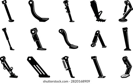 Assorted black silhouette of motorcycle side stands and kickstand components for mechanical repair and service
