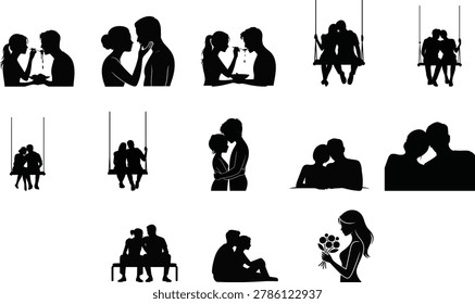 Assorted black silhouettes depicting romantic couples in various activities such as eating together, sitting on swings, resting on benches, and a woman holding a flower bouquet on a white background.