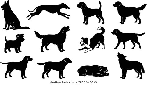Assorted black silhouettes of different dog breeds in various active and resting poses, isolated on a white background, for versatile usage
